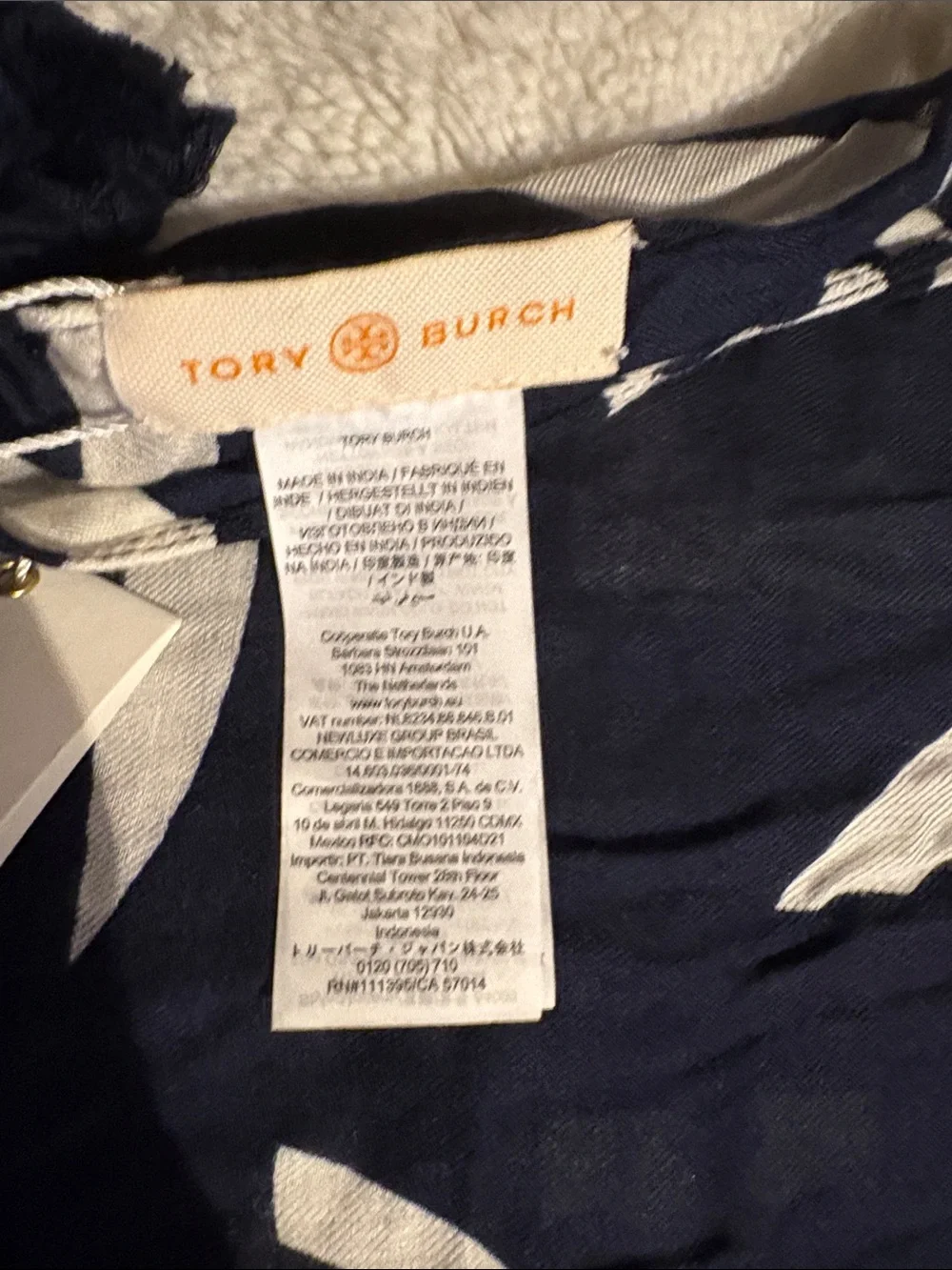 Tory Burch Navy and White Logo-Print Lightweight Scarf